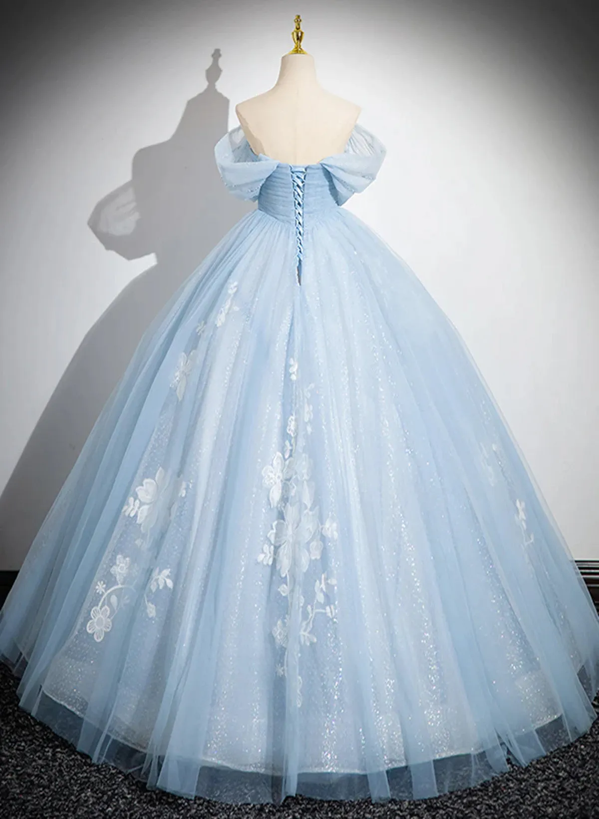 Light Blue Tulle Off Shoulder Beaded Prom Dress, Light Blue Party Dress Sweet 16 Dress