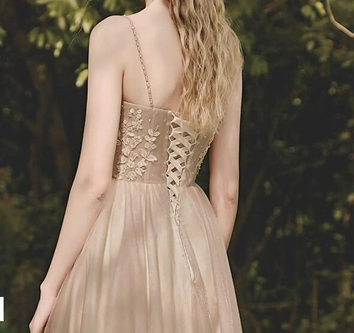 Light Champagne Floor Length Straps Long Party Dress, Light Champagne Prom Dress