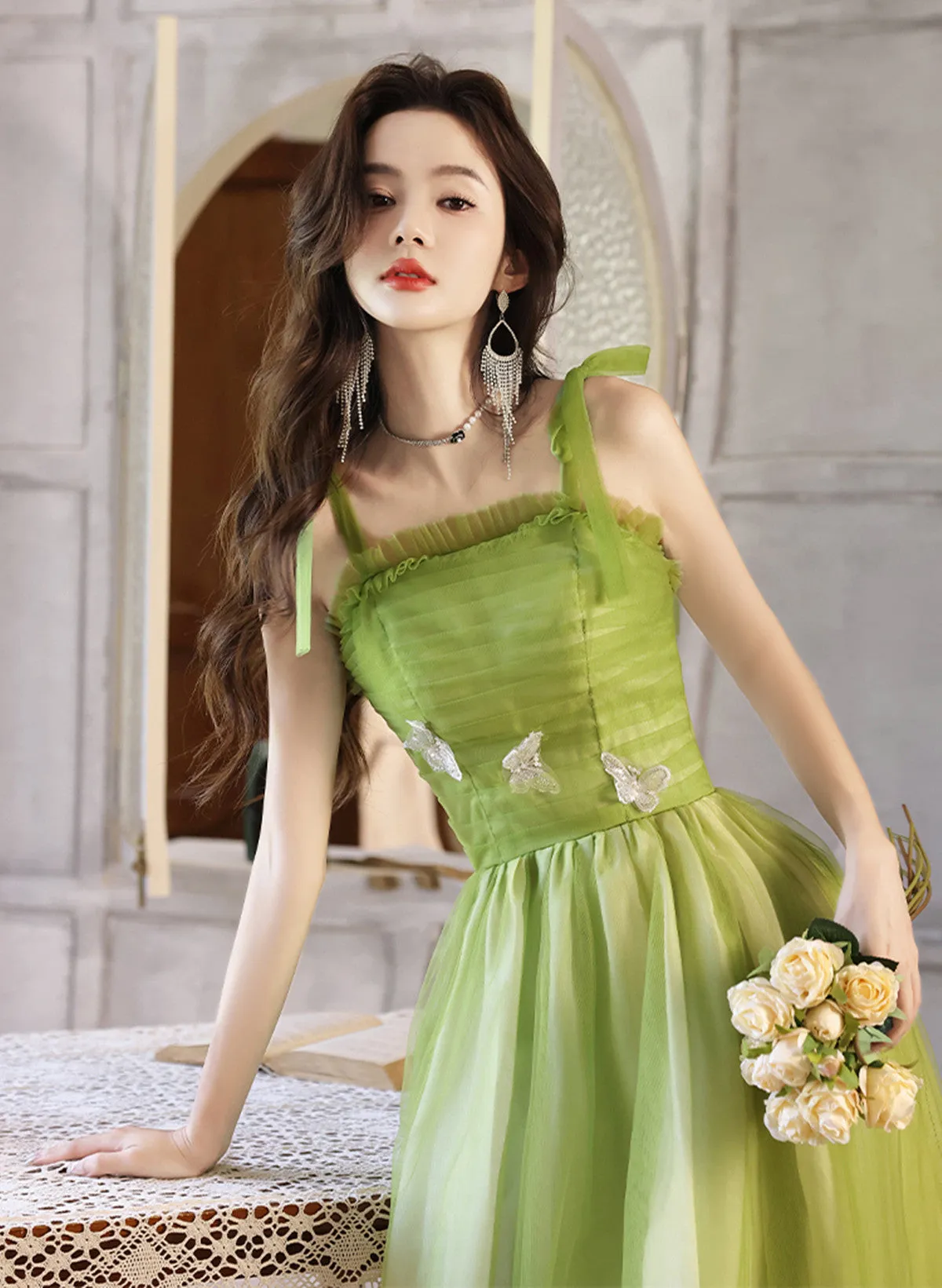 Light Green A-line Straps Tulle Long Party Dress, Light Green Tulle Prom Dress