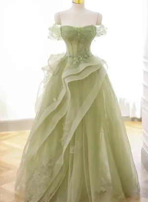 Light Green Sweetheart Beaded Off Shoulder Party Dress, Light Green Tulle Prom Dress