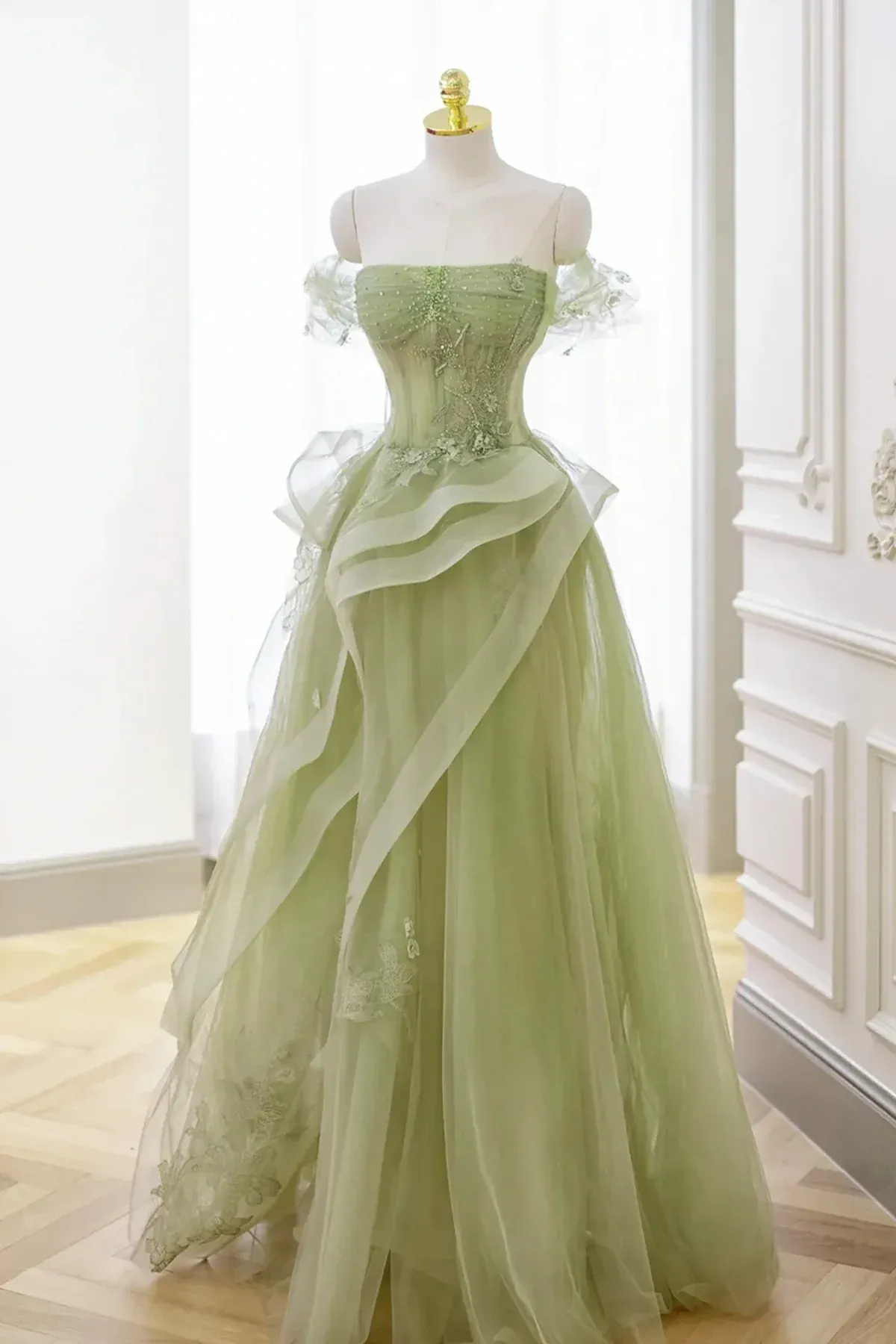 Light Green Sweetheart Beaded Off Shoulder Party Dress, Light Green Tulle Prom Dress