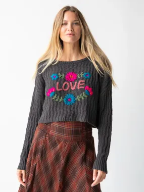 Little Things Embroidered Pullover Sweater - Charcoal Love