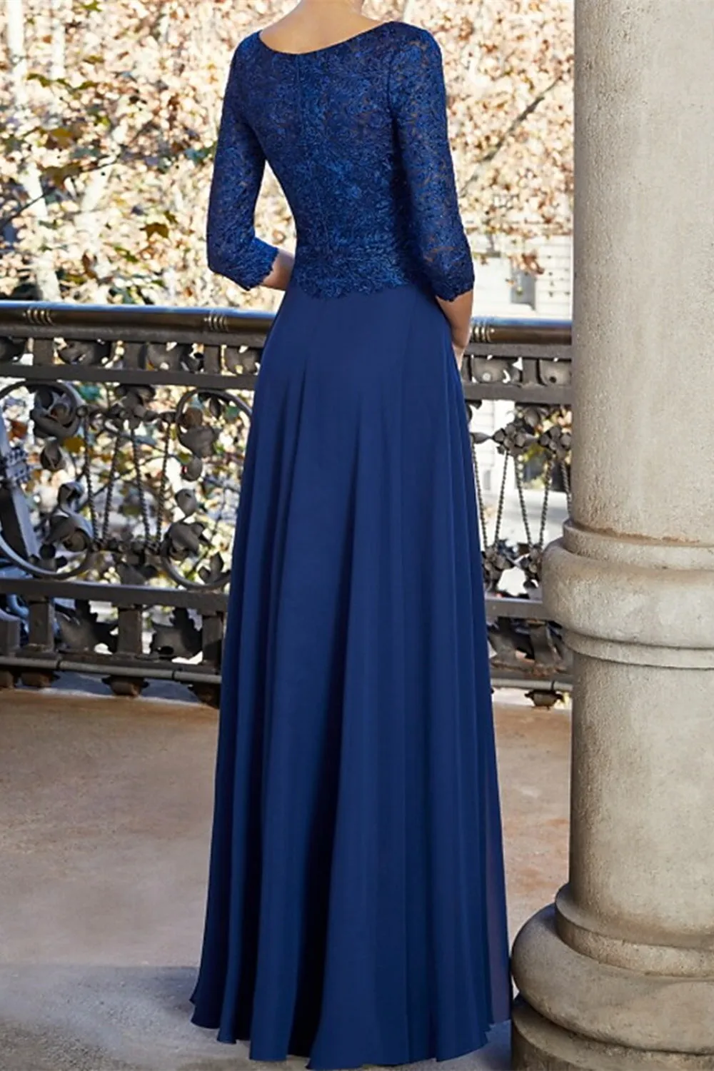 Long Sleeve V Neck Blue Chiffon Lace Long Prom Dresses, V Neck Blue Formal Dresses, Blue Evening Dresses A1390