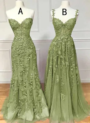 Lovely Sage Green Tulle with Lace Long Formal Dress, Sweetheart Prom Dress