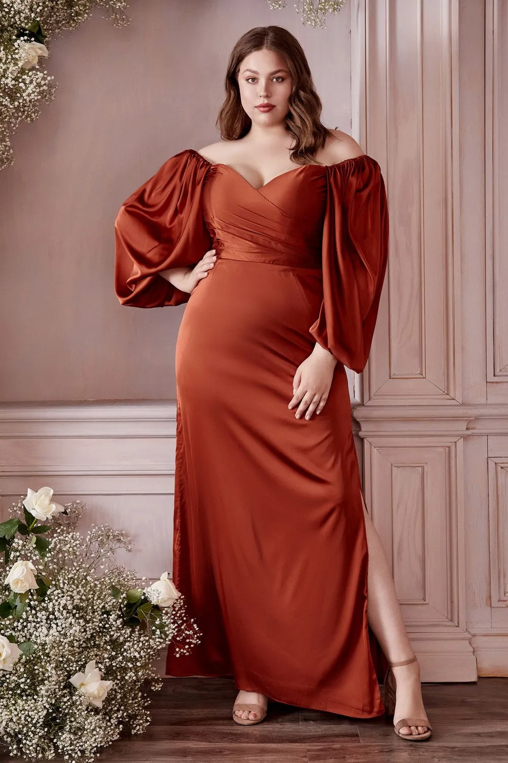 MADISON Satin Longsleeve Bridesmaids Maxi Dress with Side Split - Rust / Burnt Orange