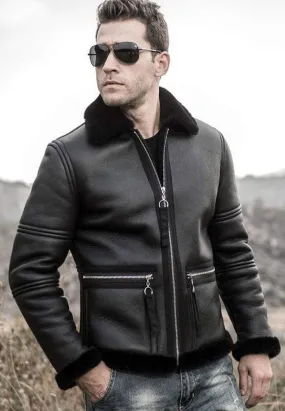 Men’s Black Shearling Flight Aviator Jacket