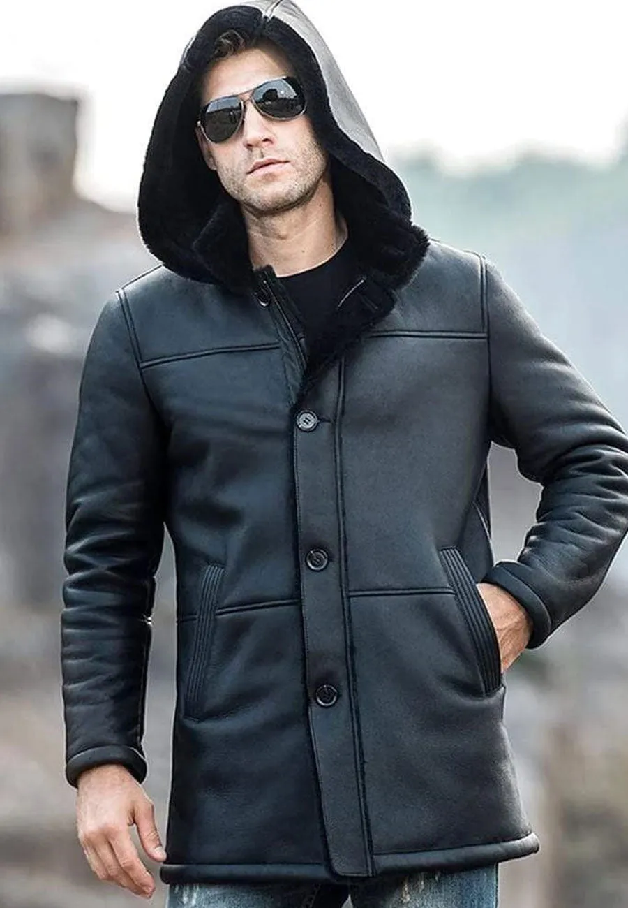 Men’s Black Shearling Hooded Long Coat