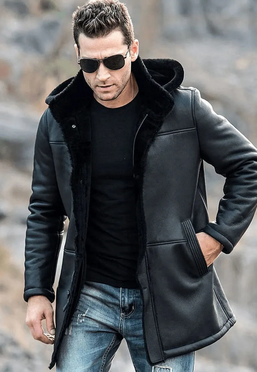 Men’s Black Shearling Hooded Long Coat