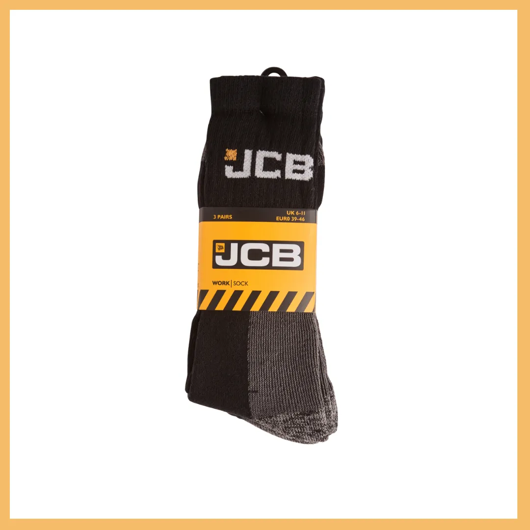 Men's Black Work Socks | JCB Workwear Range | 3 Pairs | U.K. Size 6-11