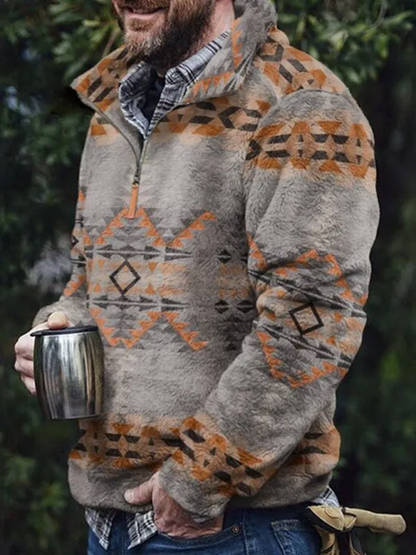 Men’s Faux Fur Aztec Quarter Zip Pullover Sweater