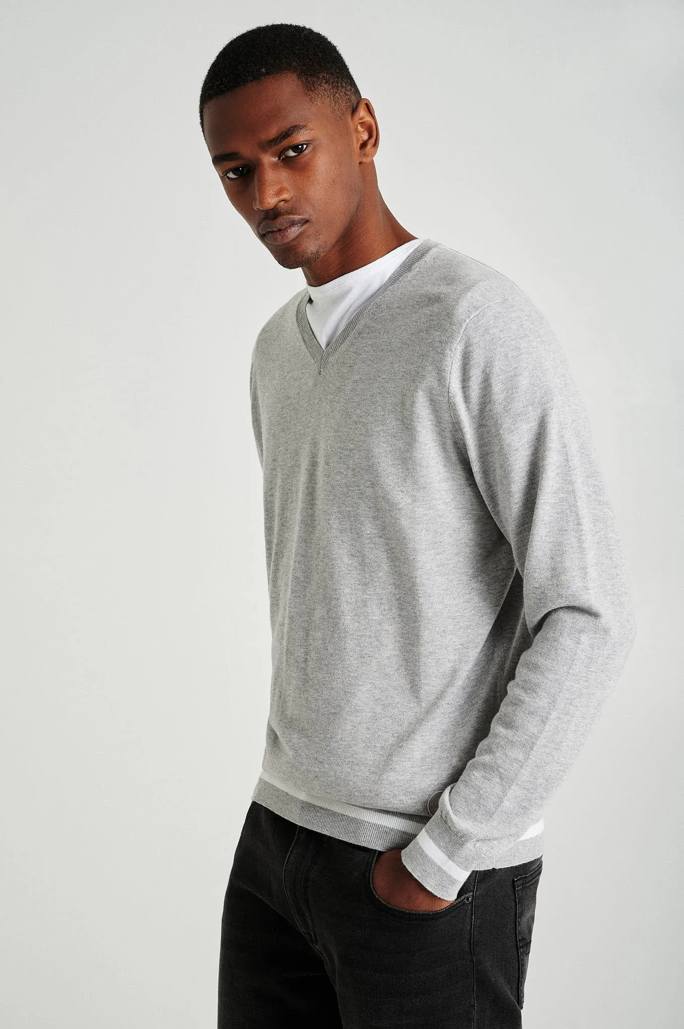 Men's long sleeve V neck Coolmax blend sweater