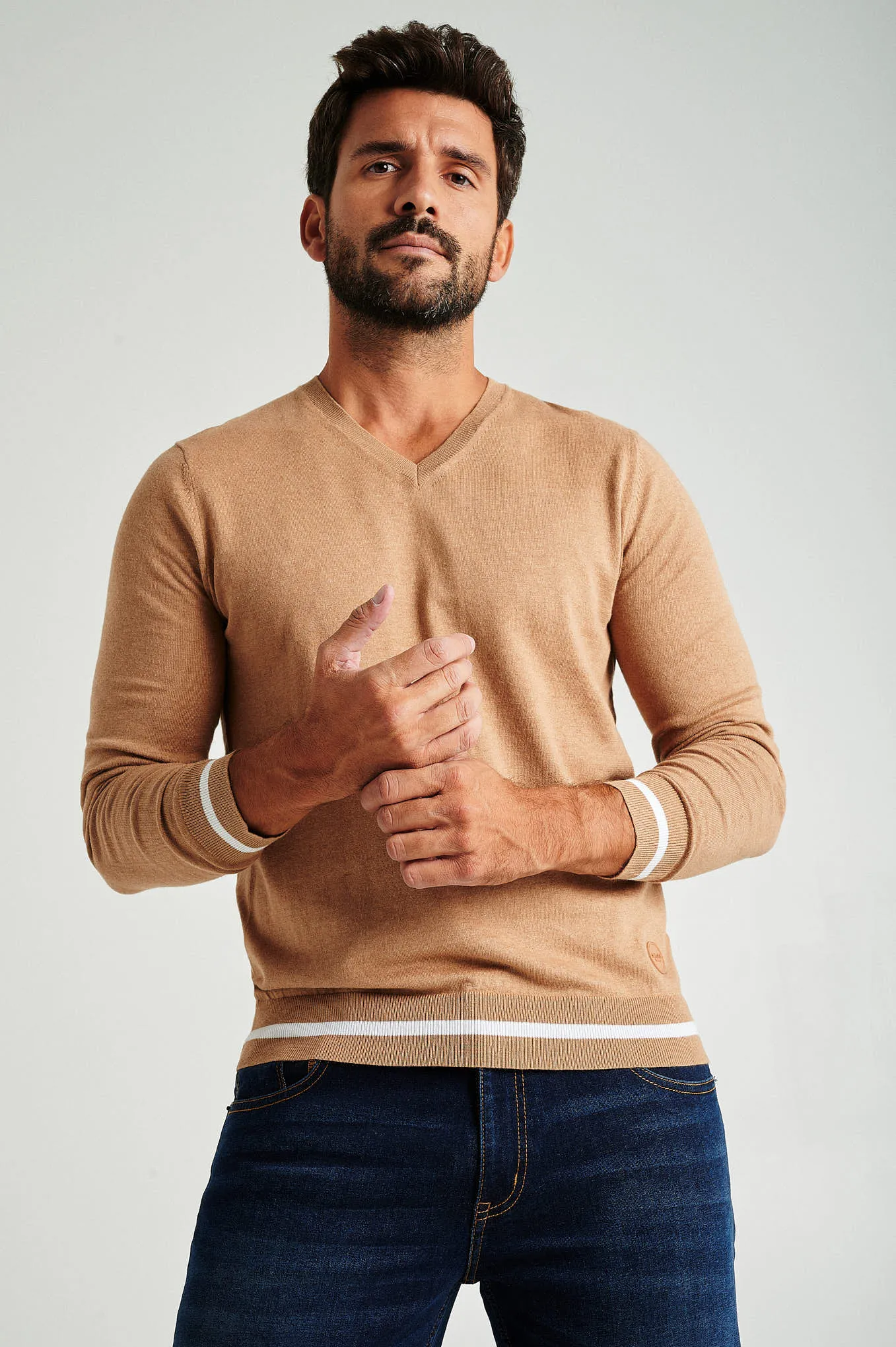 Men's long sleeve V neck Coolmax blend sweater