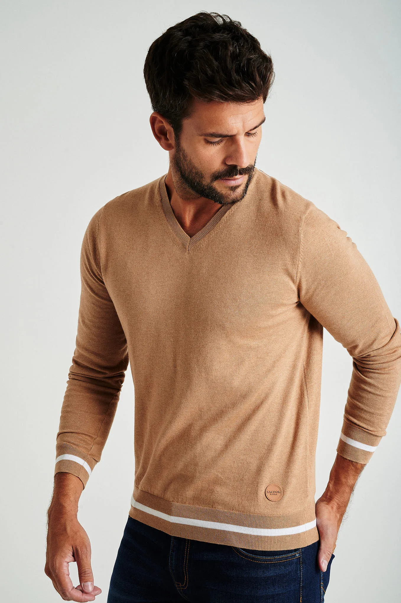 Men's long sleeve V neck Coolmax blend sweater