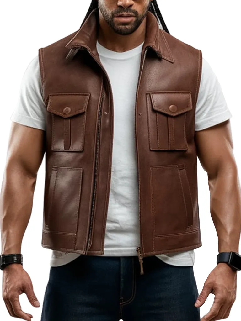 Men's Utility Style Brown Leather Vest