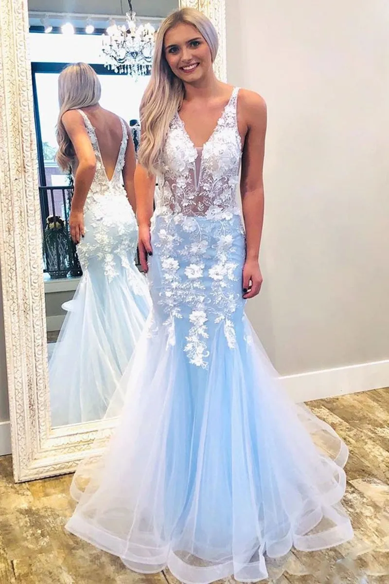 Mermaid V Neck Lace Appliques Floral Long Blue Prom, Mermaid Lace Blue Formal, Floral Blue Eveing