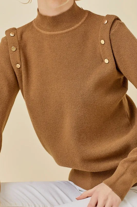 Mocha Shoulder Button Long Sleeve Sweater