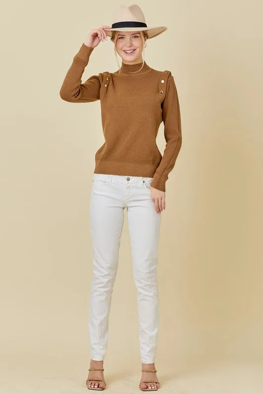 Mocha Shoulder Button Long Sleeve Sweater