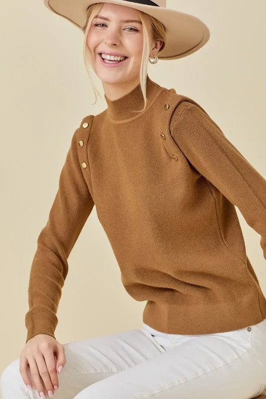 Mocha Shoulder Button Long Sleeve Sweater