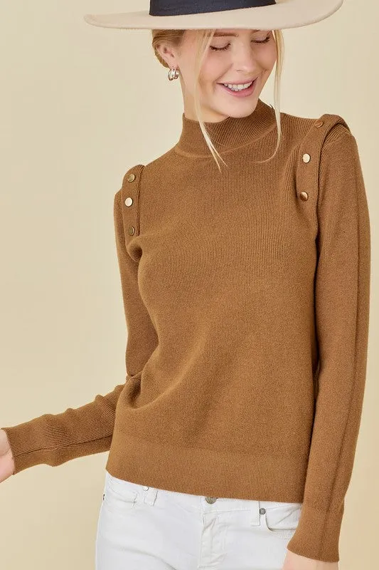 Mocha Shoulder Button Long Sleeve Sweater