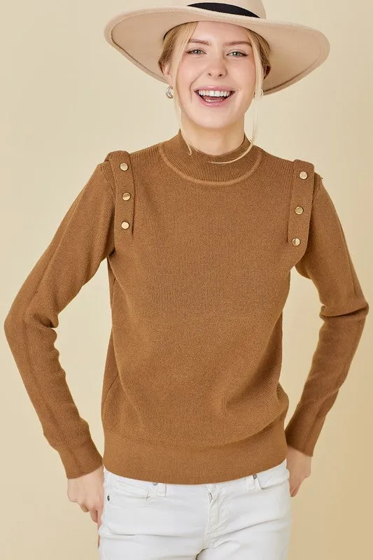 Mocha Shoulder Button Long Sleeve Sweater