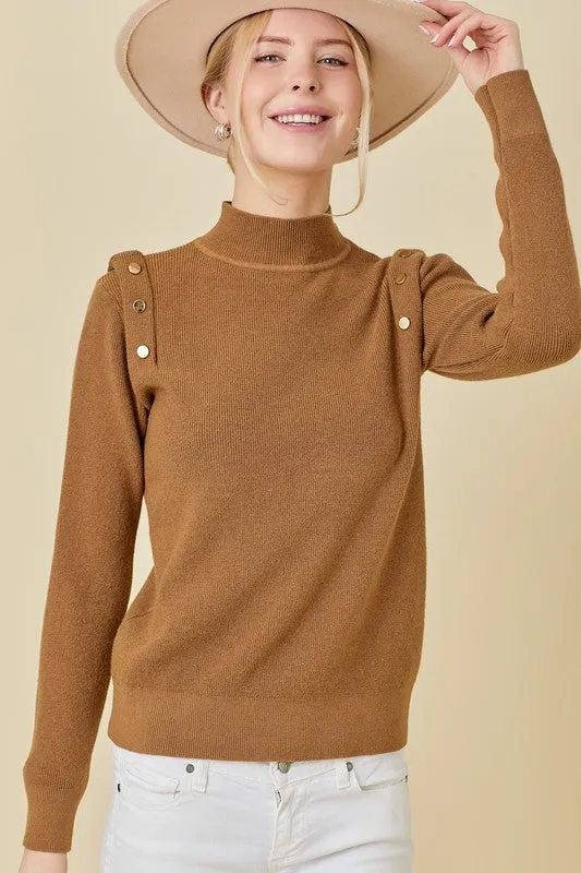 Mocha Shoulder Button Long Sleeve Sweater