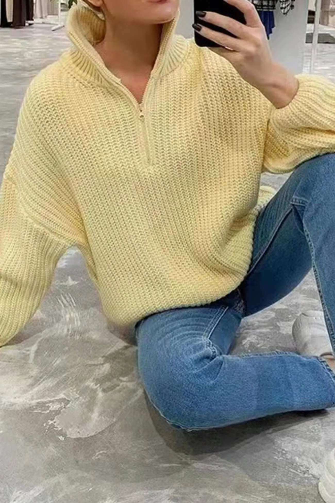 Mock Neck Zip Pullover Knit Top