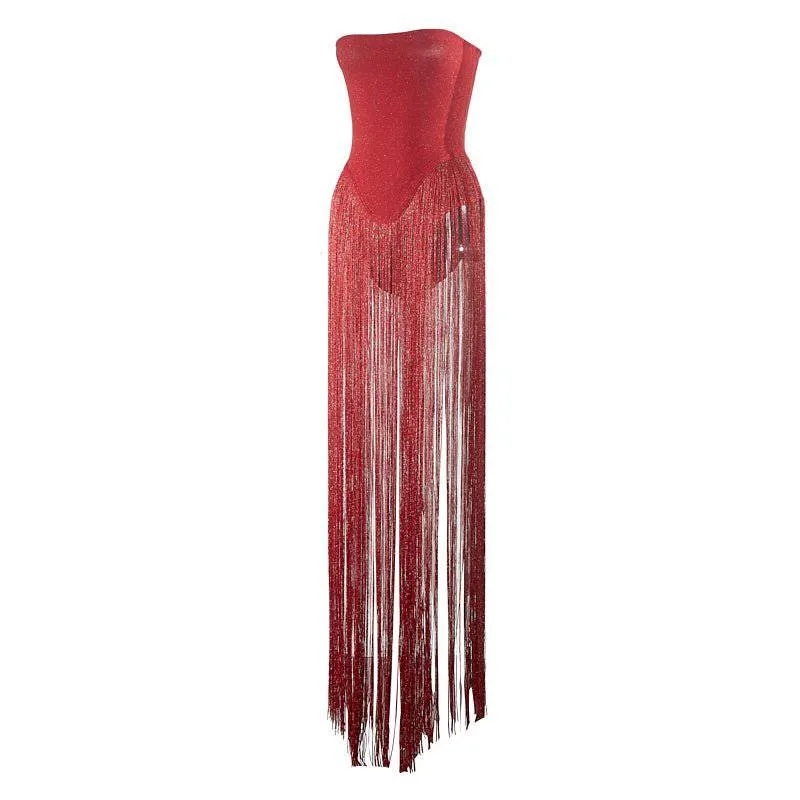 Montie Strapless Tassle Hem Midi Dress