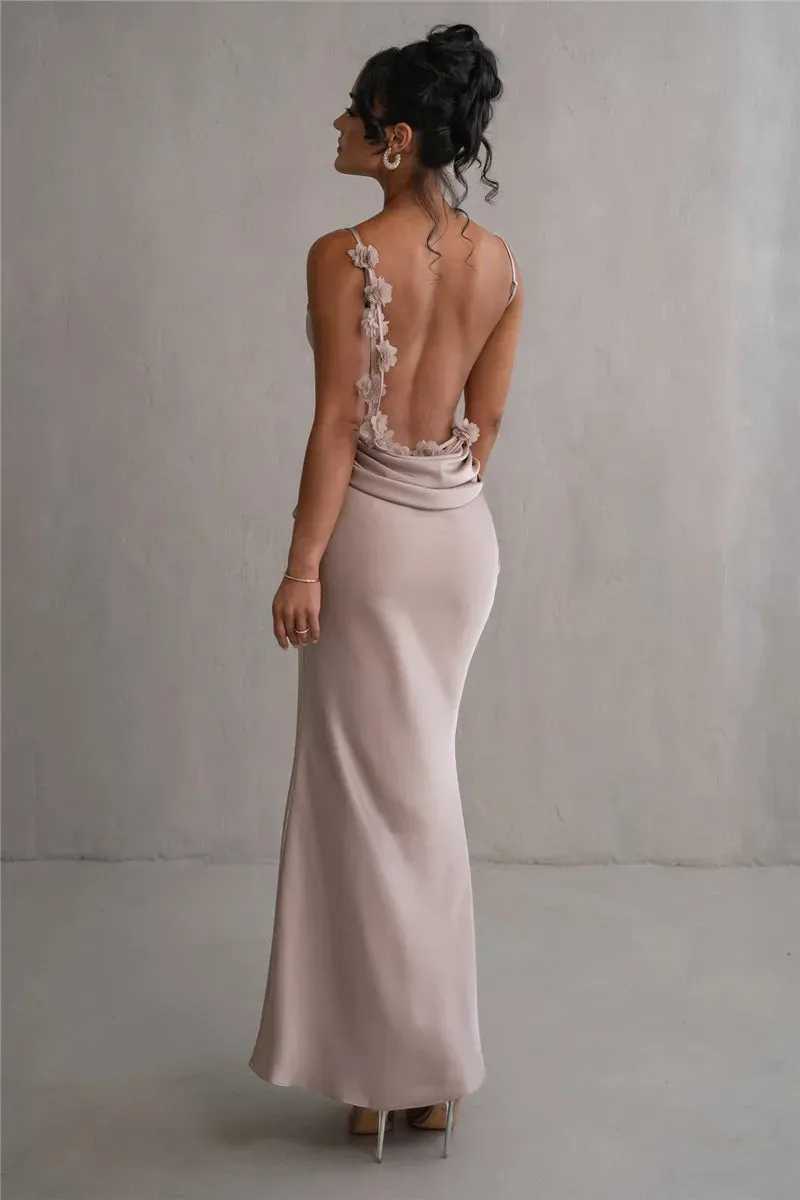 Mozision Floral Draped Backless Maxi Long Dress For Women Fashion Spaghetti Strap Sleeveless Evening Party Dress Elegant