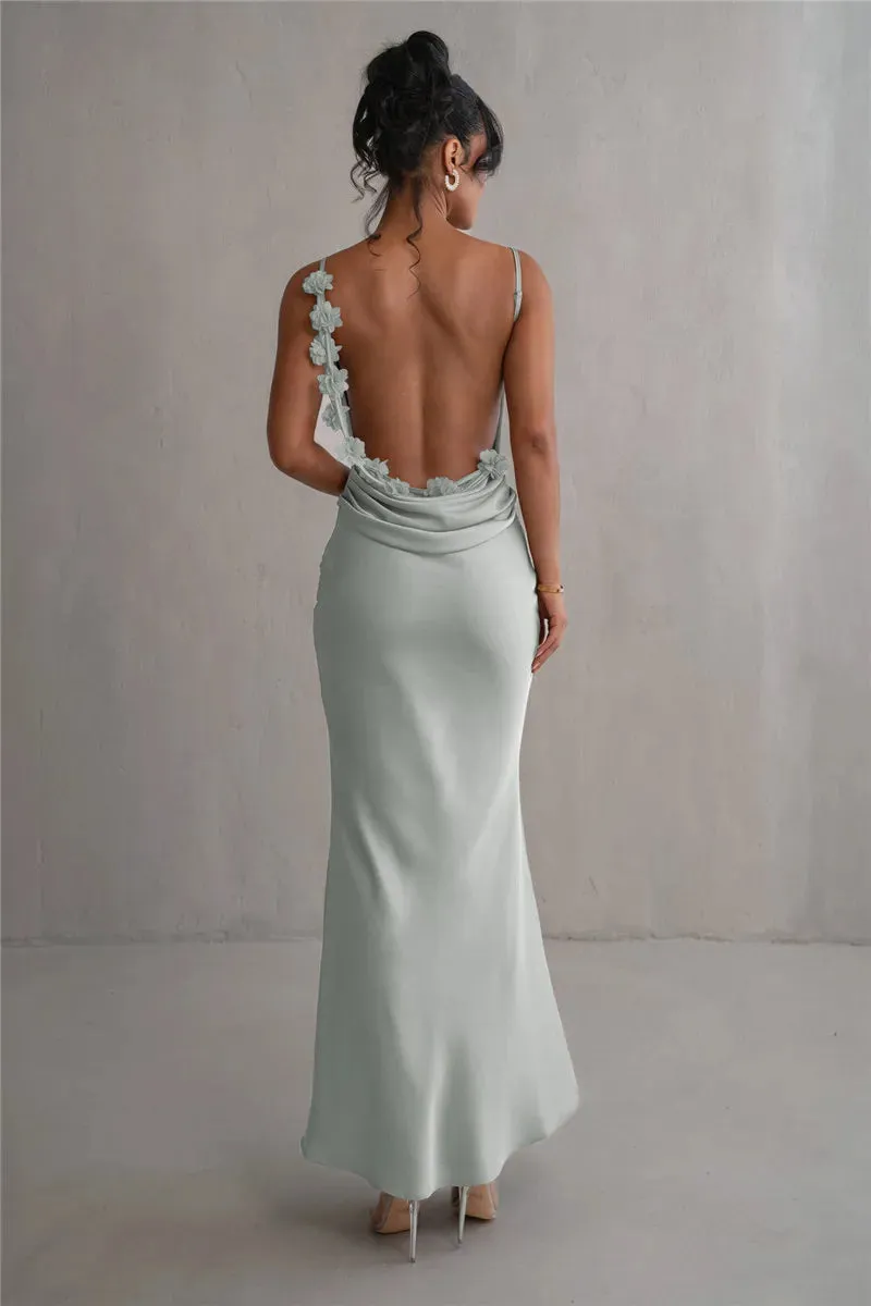 Mozision Floral Draped Backless Maxi Long Dress For Women Fashion Spaghetti Strap Sleeveless Evening Party Dress Elegant