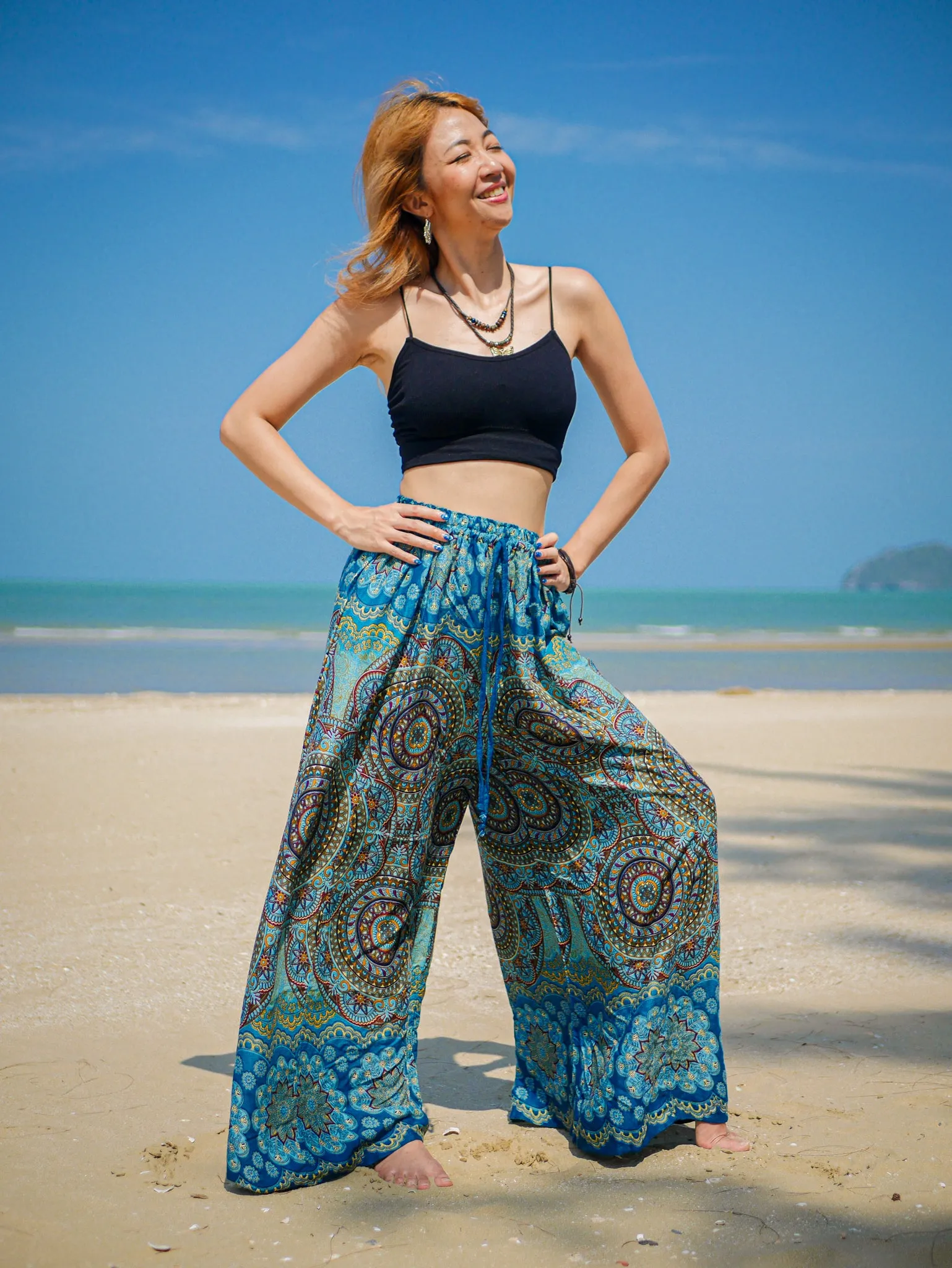 Muted Teal Mandala Wide Leg Palazzo Pants