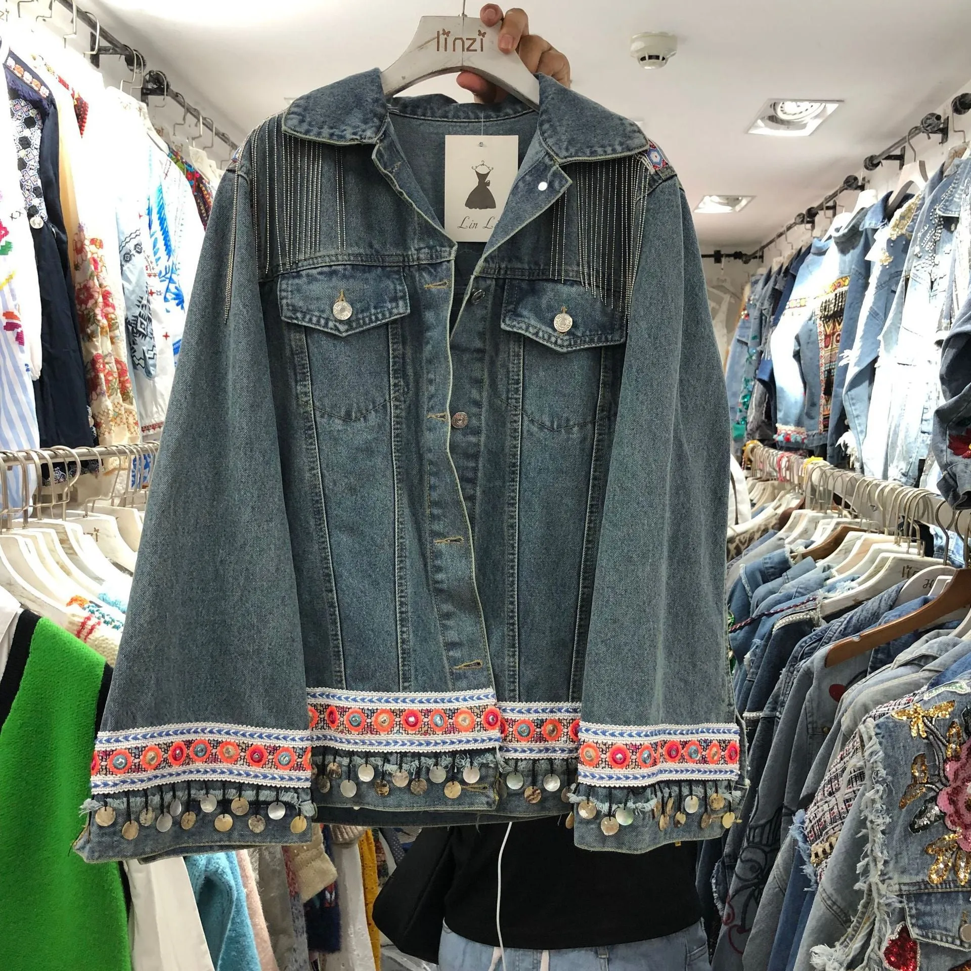 National Wind Thai Heavy Duty Embroidery Stitching Flow Su Loose Long-sleeved Denim Jacket