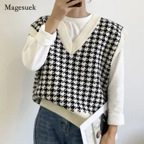 New Women Houndstooth Loose Knitted Vest Sweater V Neck Sleeveless Thick Casual Sweater Suits Female Waistcoat Chic Tops 17502