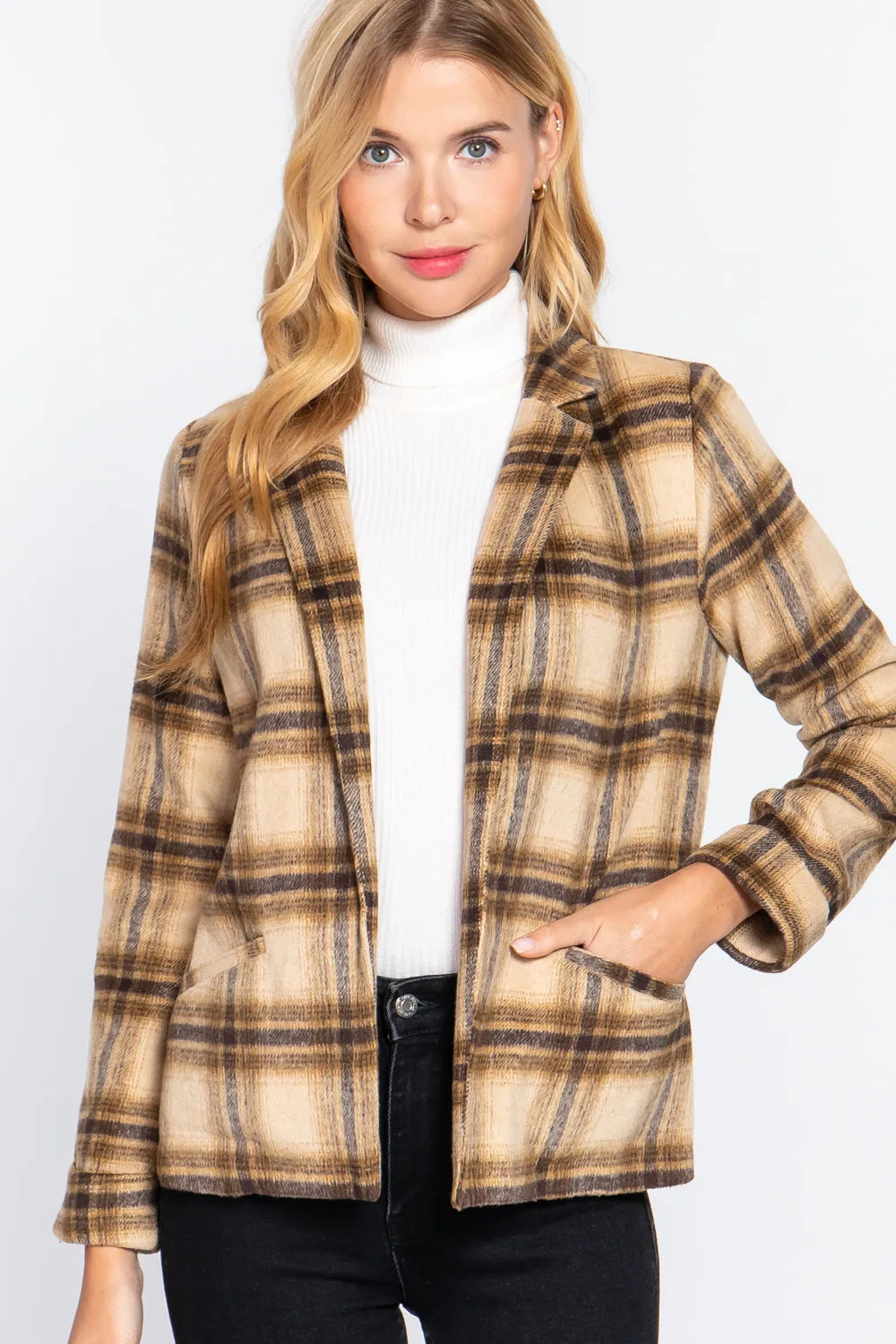 Notched Collar Plaid Jacket - 2 colors