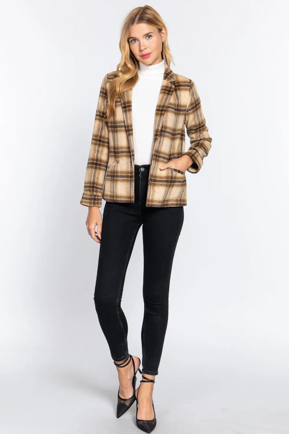 Notched Collar Plaid Jacket - 2 colors