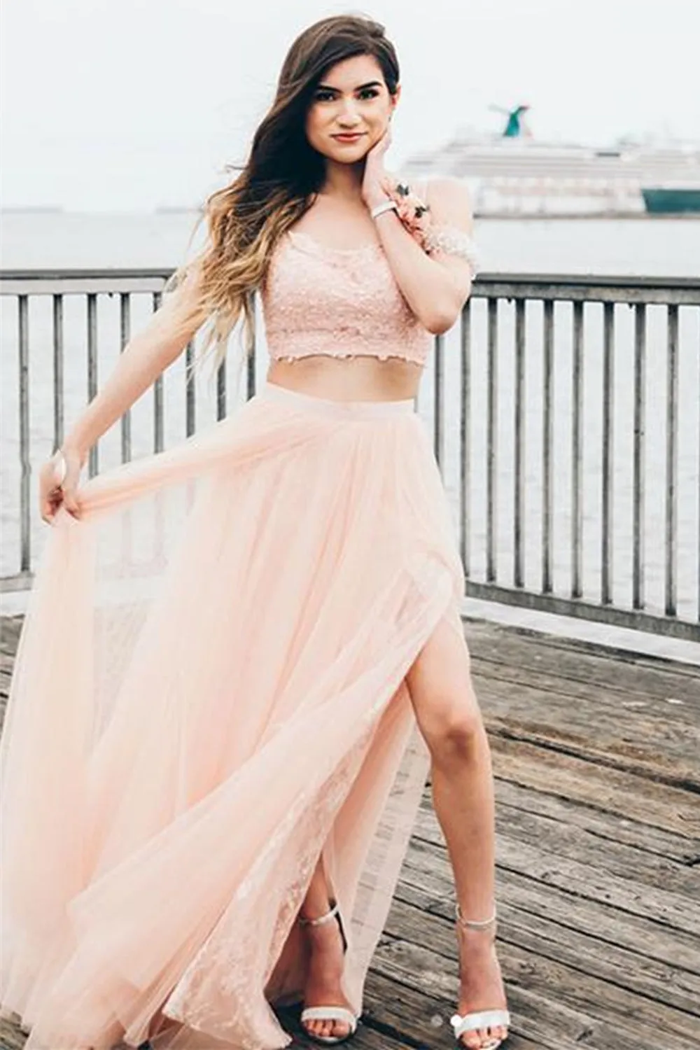 Off Shoulder 2 Pieces Pink Lace Long Prom Dress, Two Pieces Pink Lace Formal Dress, Pink Lace Evening Dress