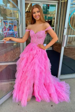 Off Shoulder Fluffy Hot Pink Lace Long Prom Dress with Slit, Hot Pink Lace Formal Dress, Lace Evening Dress A2212