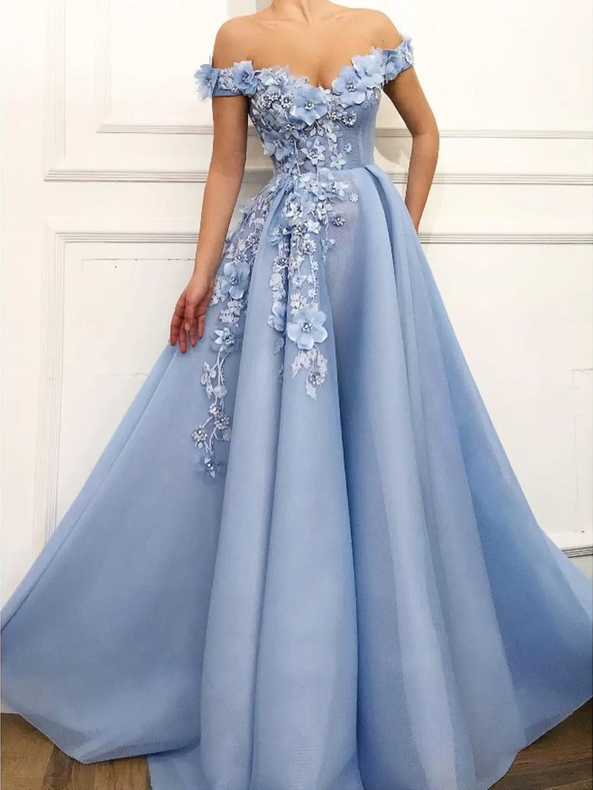 Off the Shoulder Blue Lace Floral Prom Long, Off Shoulder Blue 3D Flowers Long Formal Evening