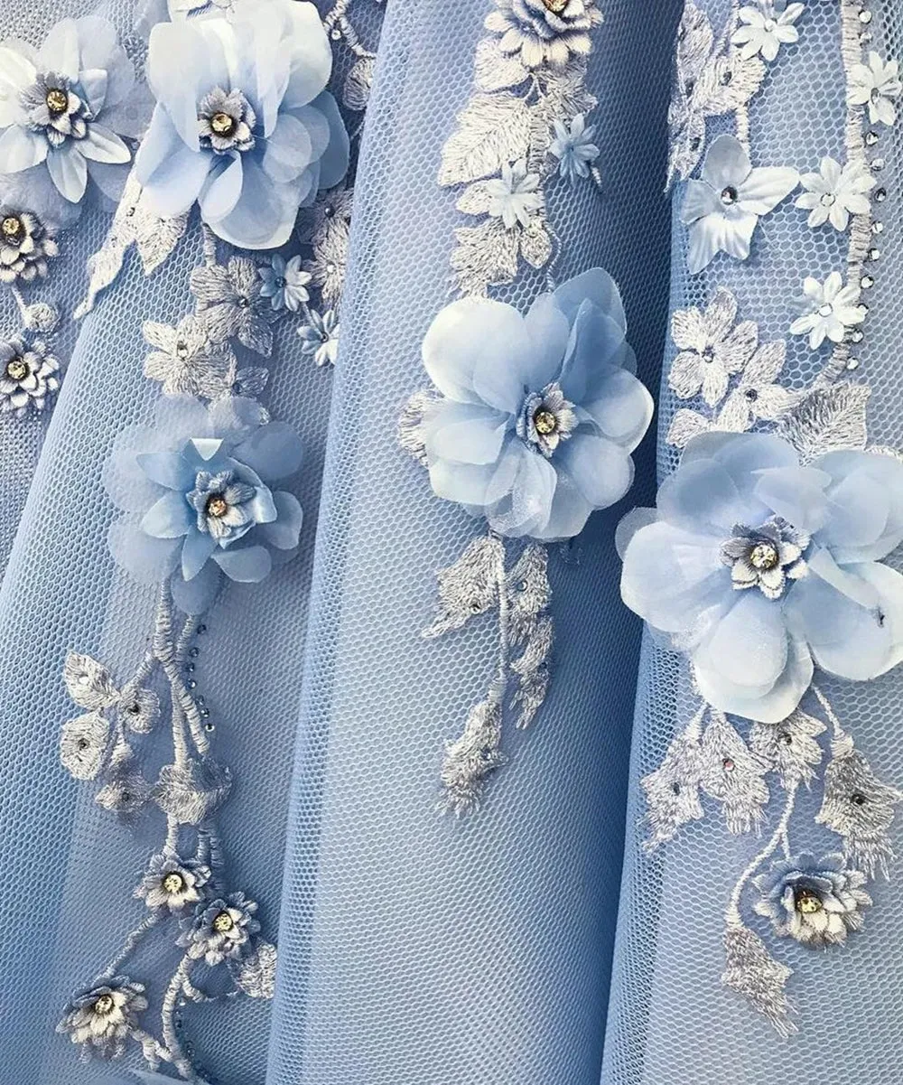 Off the Shoulder Blue Lace Floral Prom Long, Off Shoulder Blue 3D Flowers Long Formal Evening