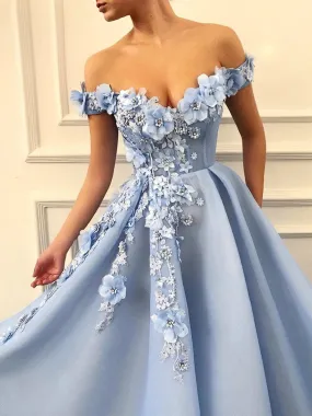 Off the Shoulder Blue Lace Floral Prom Long, Off Shoulder Blue 3D Flowers Long Formal Evening