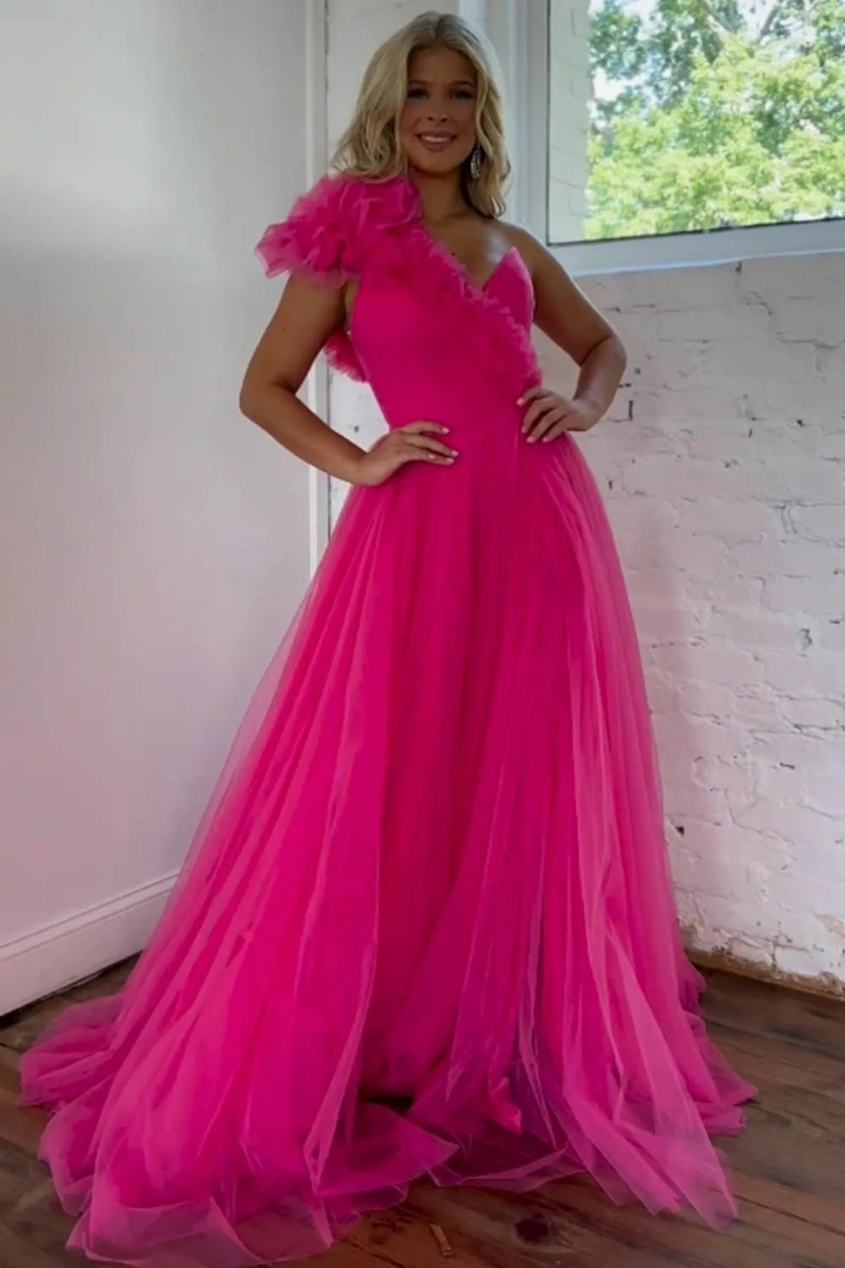 One Shoulder Hot Pink Tulle Long Prom Dress with High Slit, Long Hot Pink Formal Graduation Evening Dress A2103