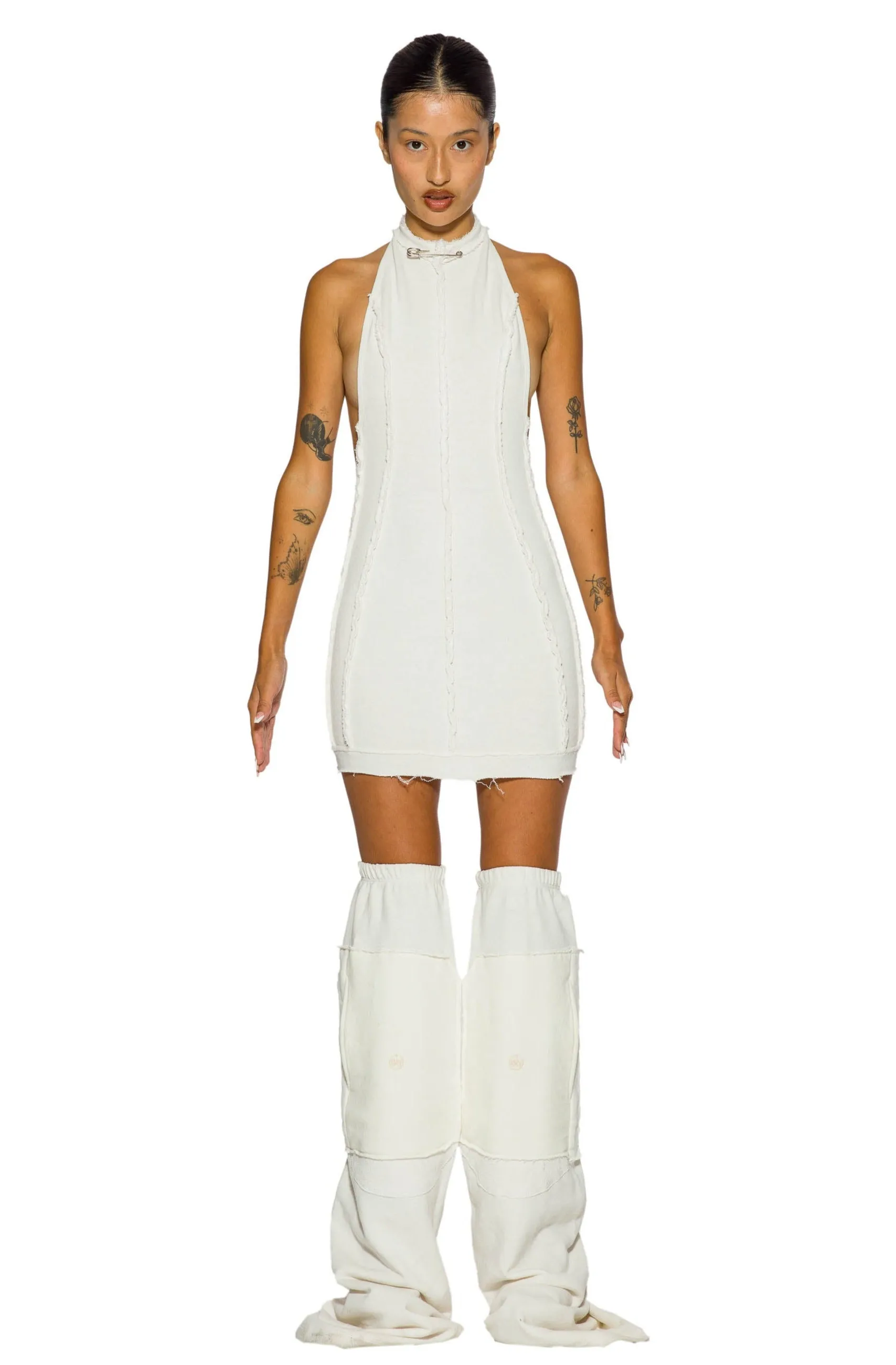 OPEN SEAM LOW BACK HALTER DRESS IN WHITE TERRY