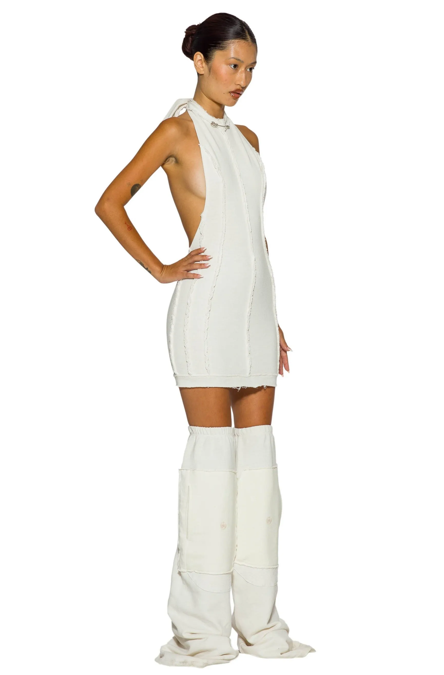 OPEN SEAM LOW BACK HALTER DRESS IN WHITE TERRY