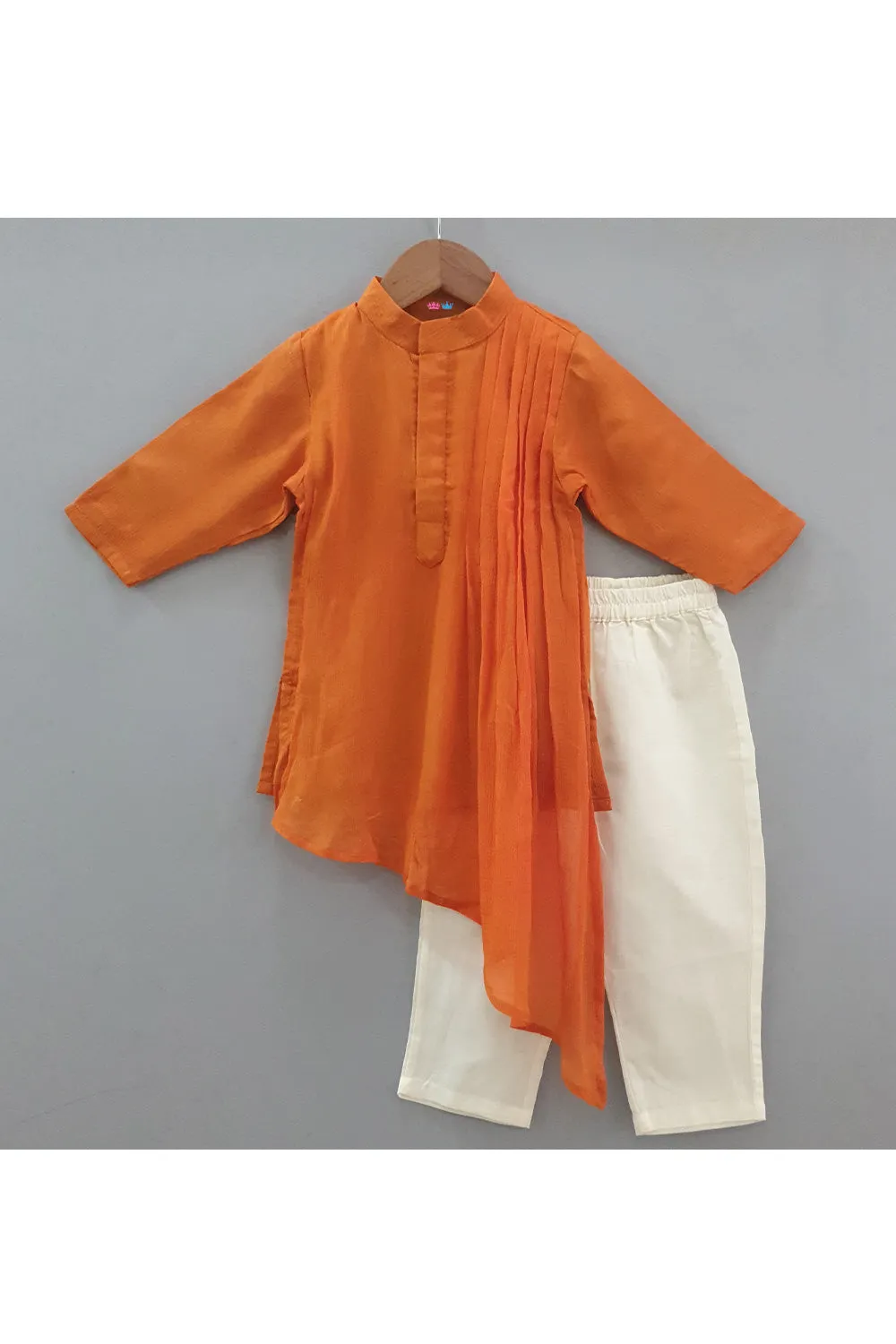 Orange Cowl Style Silk Kurta With Printed Jacket Set