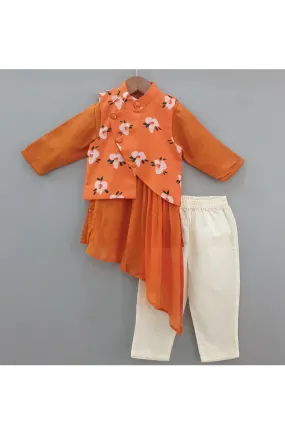 Orange Cowl Style Silk Kurta With Printed Jacket Set