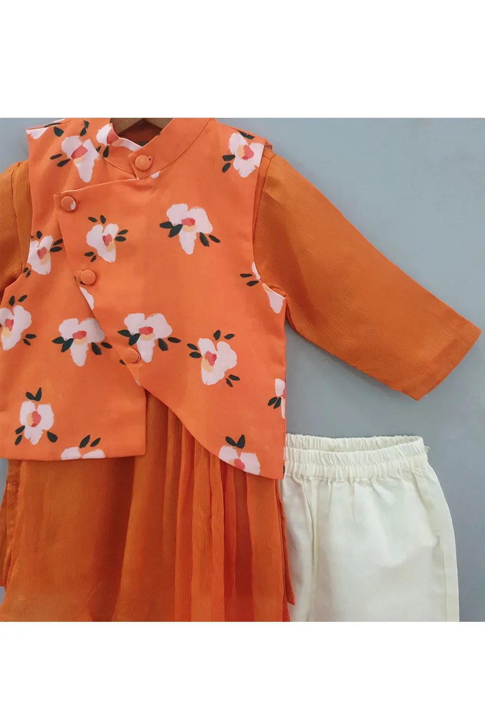 Orange Cowl Style Silk Kurta With Printed Jacket Set