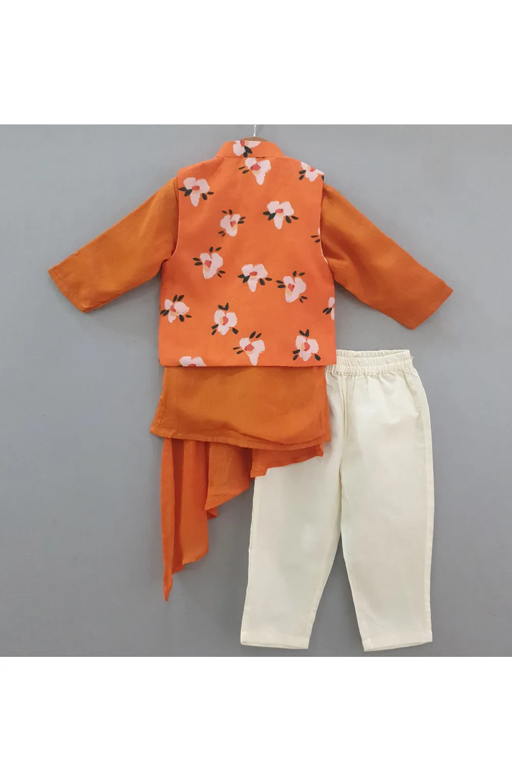 Orange Cowl Style Silk Kurta With Printed Jacket Set