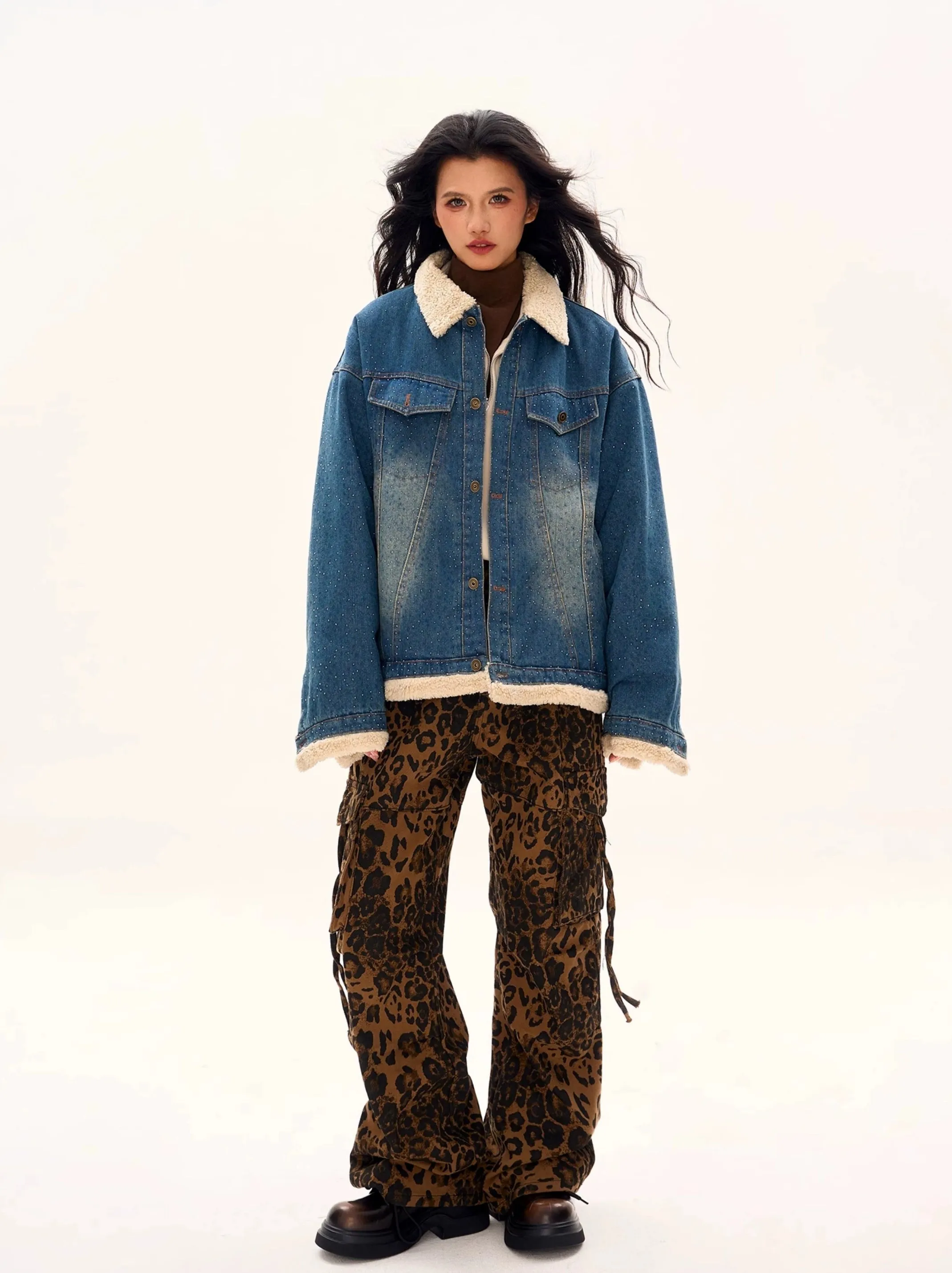 Oversized Shearling Trim Faded Denim Jacket with Stud Details