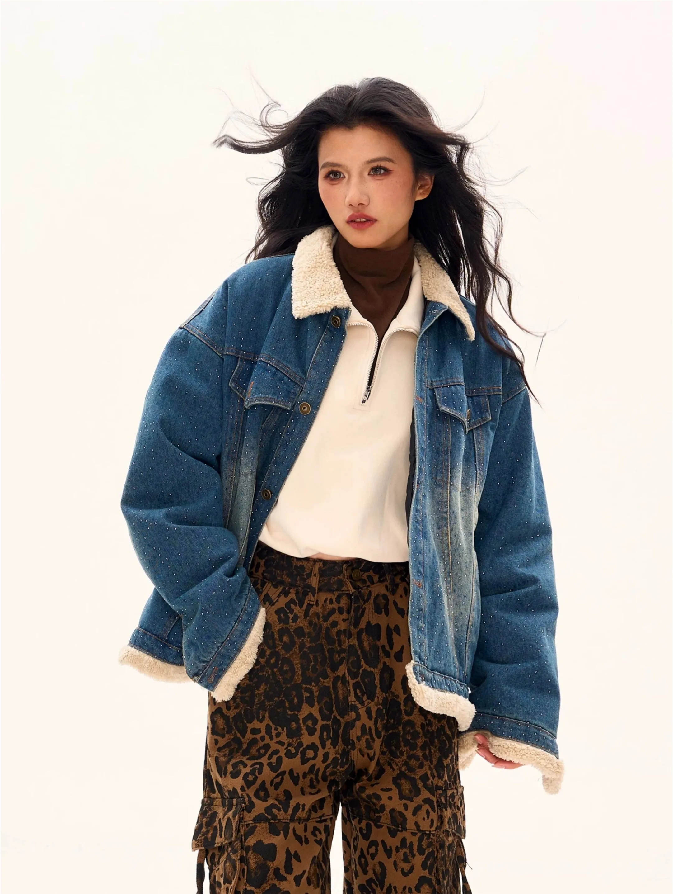 Oversized Shearling Trim Faded Denim Jacket with Stud Details