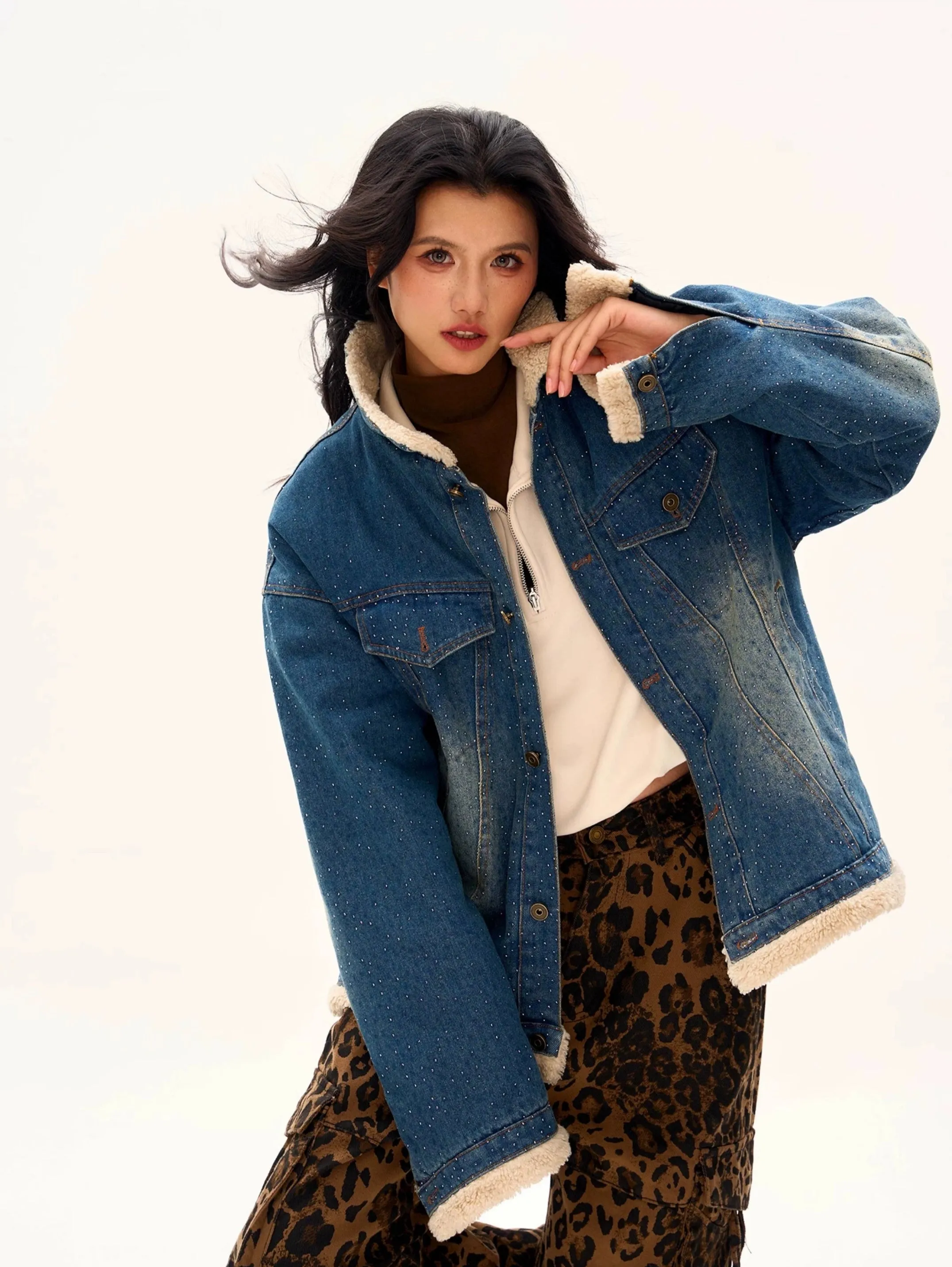 Oversized Shearling Trim Faded Denim Jacket with Stud Details