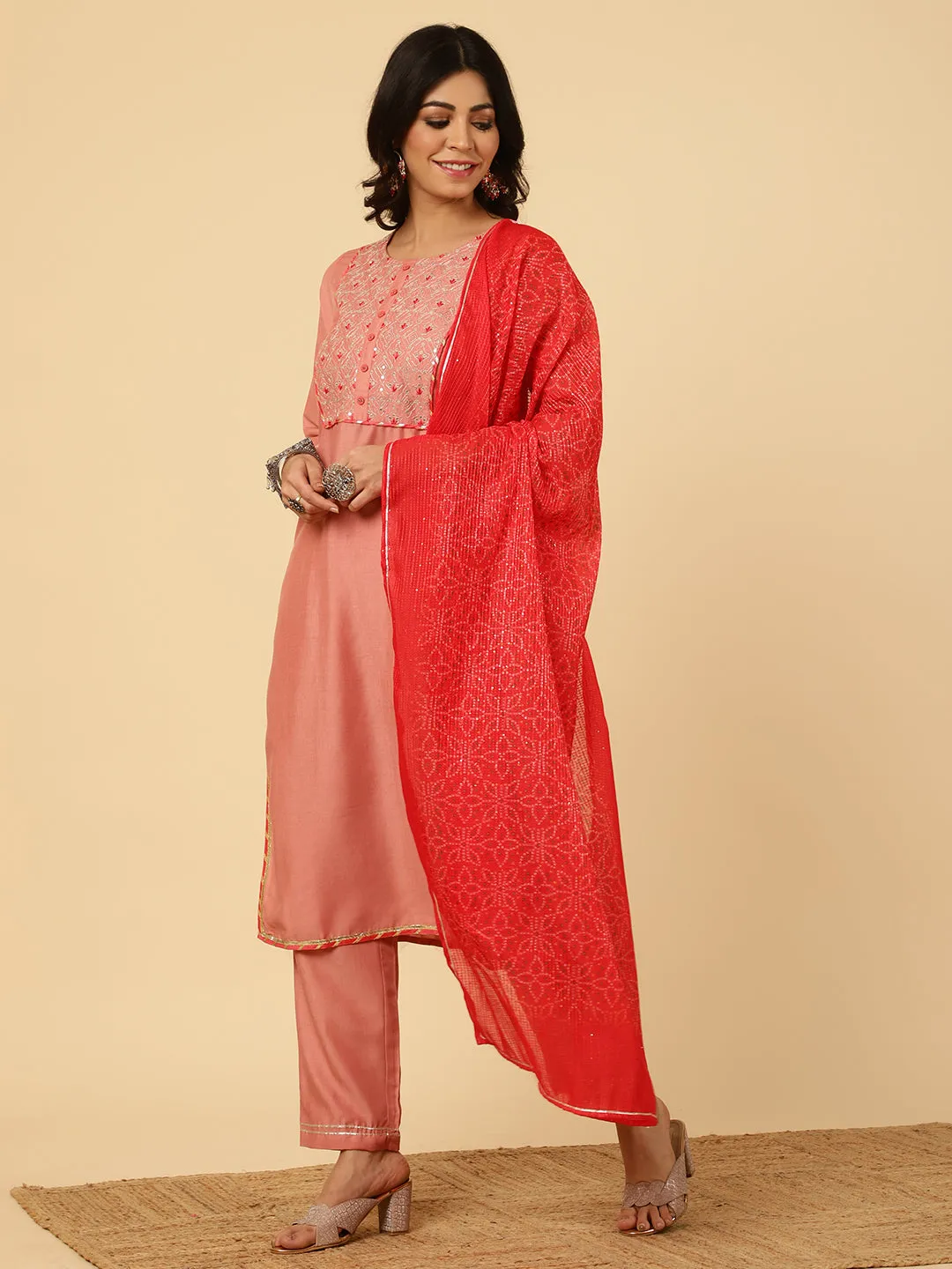 Peach Embroidered Straight Kurta With Pants And Dupatta